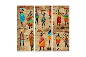 Trelerretsbilde 3-delt 50x70 cm - Dansende kvinner med fargerike klær og tradisjonelle mønstre - Blå / Rød / Grønn - Interiør - Maleri & posters - Lerretsbilder