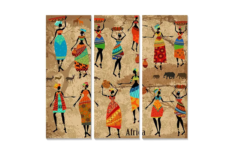 Trelerretsbilde 3-delt 50x70 cm - Dansende kvinner med fargerike klær og tradisjonelle mønstre, Blå / Rød / Grønn