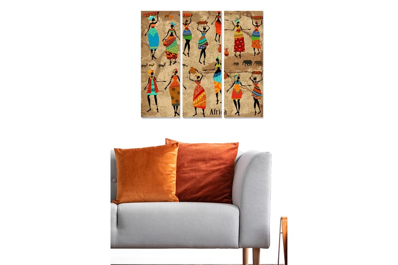 Trelerretsbilde 3-delt 50x70 cm - Dansende kvinner med fargerike klær og tradisjonelle mønstre - Blå / Rød / Grønn - Interiør - Maleri & posters - Lerretsbilder