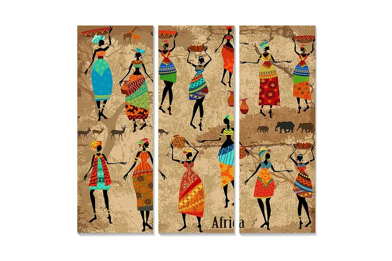 Trelerretsbilde 3-delt 50x70 cm - Dansende kvinner med fargerike klær og tradisjonelle mønstre, Blå / Rød / Grønn