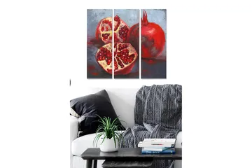 Trelerretsbilde 3-delt 50x70 cm - Delt granateple med saftige frø - Rød / Gul / Grå - Interiør - Maleri & posters - Lerretsbilder