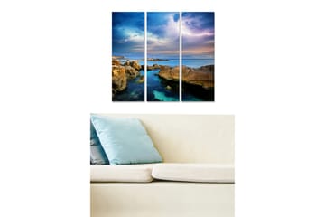 Trelerretsbilde 3-delt 50x70 cm - Dramatisk kystlandskap med klipper og hav - Blå / Grønn / Brun - Interiør - Maleri & posters - Lerretsbilder