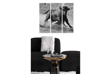 Trelerretsbilde 3-delt 50x70 cm - Dynamisk okse i bevegelse - Svart / Hvit / Grå - Interiør - Maleri & posters - Lerretsbilder