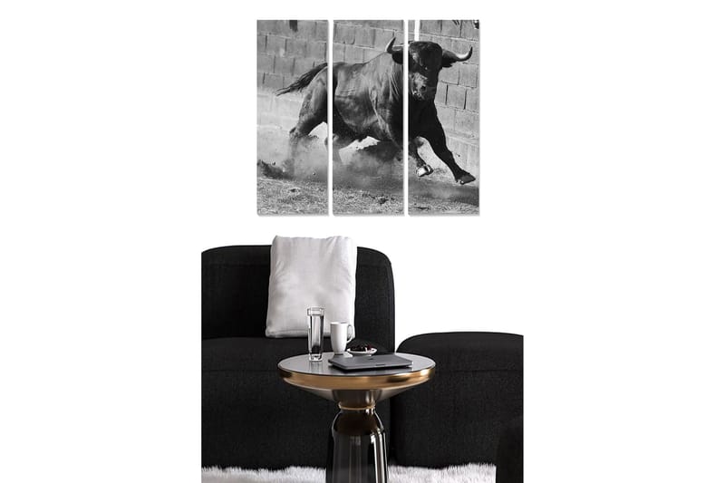 Trelerretsbilde 3-delt 50x70 cm - Dynamisk okse i bevegelse, Svart / Hvit / Grå