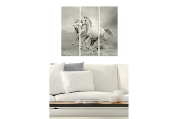 Trelerretsbilde 3-delt 50x70 cm - Dynamiske hester i bevegelse - Hvit / Grå - Interiør - Maleri & posters - Lerretsbilder