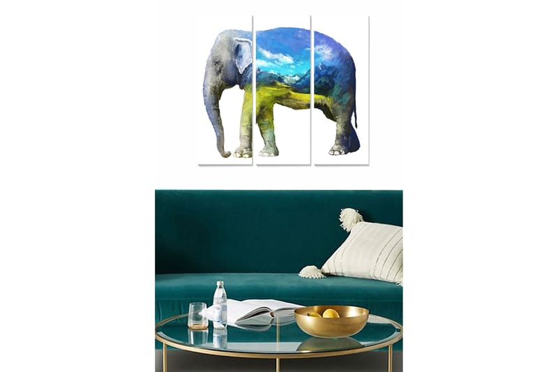 Trelerretsbilde 3-delt 50x70 cm - Elefant med landskapsmotiv i blått og grønt, Blå / Grønn / Grå