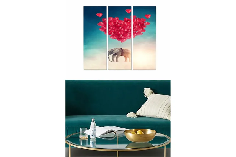 Trelerretsbilde 3-delt 50x70 cm - Elefant som svever med hjerteformede ballonger, Rød / Blå / Beige