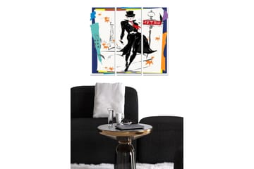 Trelerretsbilde 3-delt 50x70 cm - Elegant figur i svart dress med lue og rødt skjerf i et urbant miljø - Svart / Rød / Oransje - Interiør - Maleri & posters - Lerretsbilder