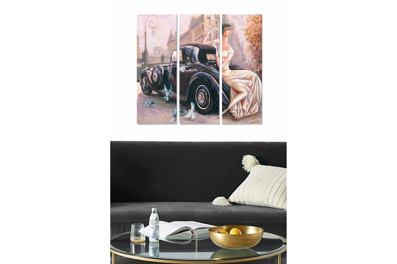 Trelerretsbilde 3-delt 50x70 cm - Elegant kvinne i hvit kjole ved en klassisk bil, Svart / Hvit / Beige