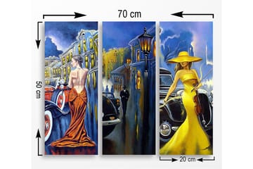 Trelerretsbilde 3-delt 50x70 cm - Elegante kvinner i fargerike kjoler foran klassiske biler - Gul / Oransje / Blå - Interiør - Maleri & posters - Lerretsbilder