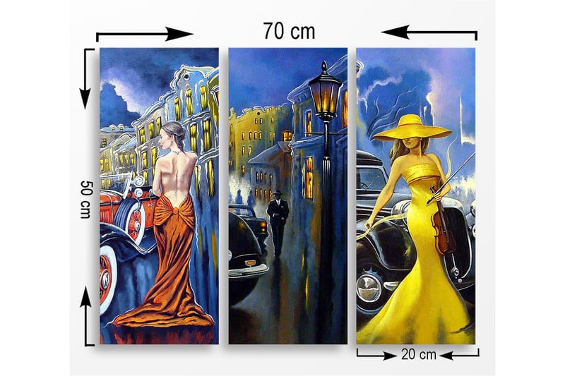Trelerretsbilde 3-delt 50x70 cm - Elegante kvinner i fargerike kjoler foran klassiske biler - Gul / Oransje / Blå - Interiør - Maleri & posters - Lerretsbilder