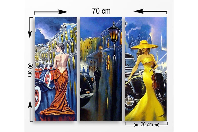 Trelerretsbilde 3-delt 50x70 cm - Elegante kvinner i fargerike kjoler foran klassiske biler - Gul / Oransje / Blå - Interiør - Maleri & posters - Lerretsbilder