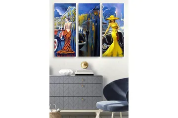 Trelerretsbilde 3-delt 50x70 cm - Elegante kvinner i fargerike kjoler foran klassiske biler - Gul / Oransje / Blå - Interiør - Maleri & posters - Lerretsbilder