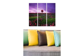 Trelerretsbilde 3-delt 50x70 cm - Ensomt rosa tre i en blomstrende eng under en lilla himmel - Lilla / Rosa / Grønn - Interiør - Maleri & posters - Lerretsbilder
