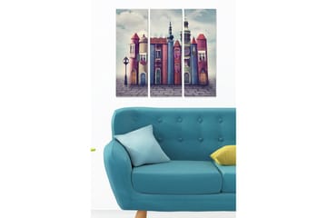 Trelerretsbilde 3-delt 50x70 cm - Fantasifull bygning med fargerike tårn og vinduer - Rosa / Blå / Grønn - Interiør - Maleri & posters - Lerretsbilder