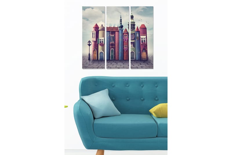 Trelerretsbilde 3-delt 50x70 cm - Fantasifull bygning med fargerike tårn og vinduer, Rosa / Blå / Grønn