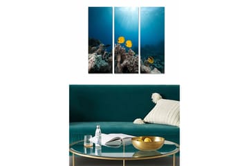 Trelerretsbilde 3-delt 50x70 cm - Fargefull fisk som svømmer over korallrev - Blå / Gul / Grå - Interiør - Maleri & posters - Lerretsbilder