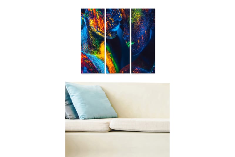 Trelerretsbilde 3-delt 50x70 cm - Fargerik abstraksjon av ansikter med glitrende detaljer, Blå / Grønn / Oransje