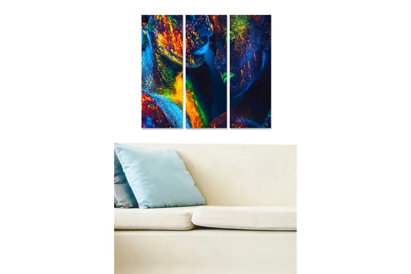 Trelerretsbilde 3-delt 50x70 cm - Fargerik abstraksjon av ansikter med glitrende detaljer, Blå / Grønn / Oransje