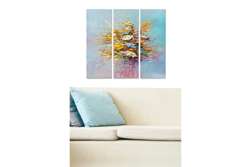 Trelerretsbilde 3-delt 50x70 cm - Fargerik blomsterbukett i abstrakt stil, Gul / Blå / Turkis