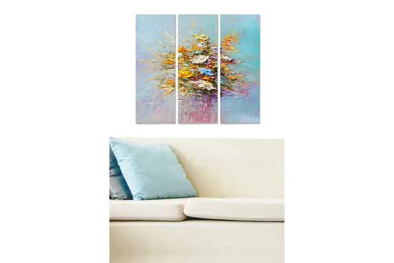 Trelerretsbilde 3-delt 50x70 cm - Fargerik blomsterbukett i abstrakt stil, Gul / Blå / Turkis
