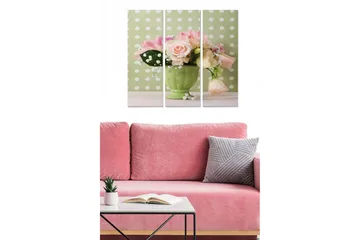 Trelerretsbilde 3-delt 50x70 cm - Fargerik blomsterbukett i en grønn vase - Rosa / Grønn / Hvit - Interiør - Maleri & posters - Lerretsbilder