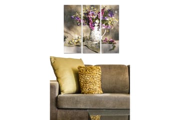 Trelerretsbilde 3-delt 50x70 cm - Fargerik blomsterbukett i en hvit mugge - Lilla / Hvit / Grønn - Interiør - Maleri & posters - Lerretsbilder