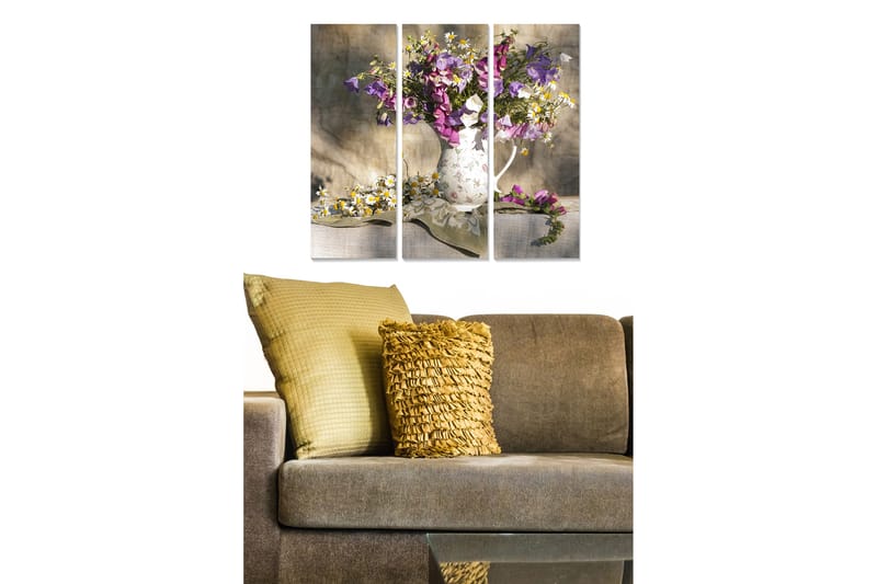 Trelerretsbilde 3-delt 50x70 cm - Fargerik blomsterbukett i en hvit mugge, Lilla / Hvit / Grønn