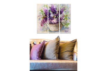 Trelerretsbilde 3-delt 50x70 cm - Fargerik blomsterbukett i en kurv - Lilla / Grønn / Hvit - Interiør - Maleri & posters - Lerretsbilder
