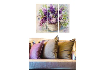 Trelerretsbilde 3-delt 50x70 cm - Fargerik blomsterbukett i en kurv - Lilla / Grønn / Hvit - Interiør - Maleri & posters - Lerretsbilder