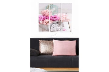 Trelerretsbilde 3-delt 50x70 cm - Fargerik blomsterbukett i en kurv - Rosa / Lys rosa / Grå - Interiør - Maleri & posters - Lerretsbilder