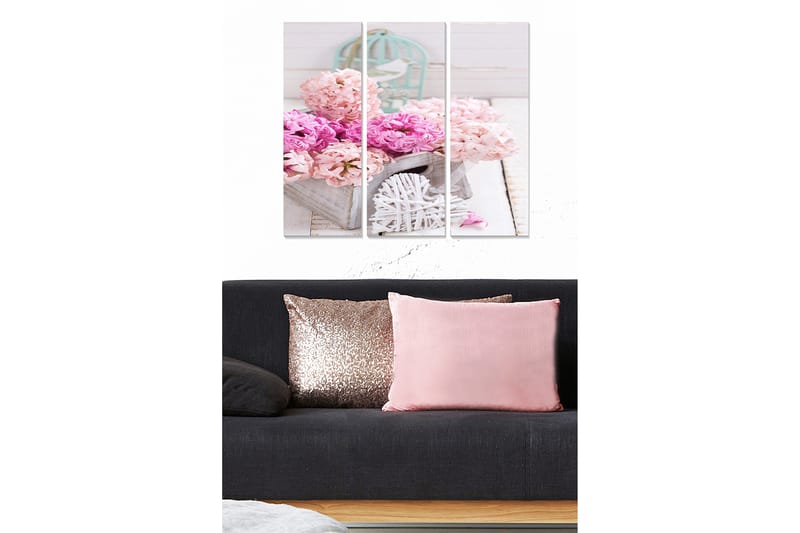 Trelerretsbilde 3-delt 50x70 cm - Fargerik blomsterbukett i en kurv, Rosa / Lys rosa / Grå