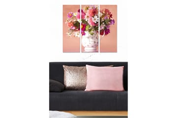 Trelerretsbilde 3-delt 50x70 cm - Fargerik blomsterbukett i en vakker vase - Rosa / Grønn / Hvit - Interiør - Maleri & posters - Lerretsbilder