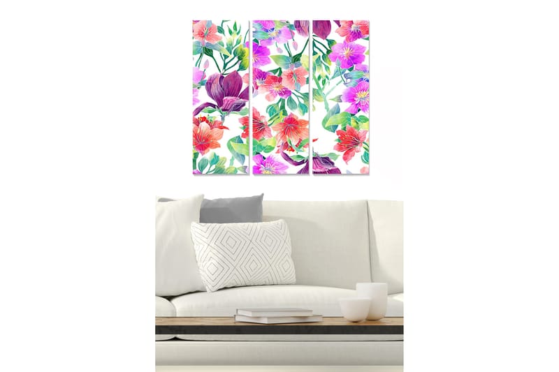 Trelerretsbilde 3-delt 50x70 cm - Fargerik blomsterbukett i forskjellige nyanser, Lilla / Rosa / Rød