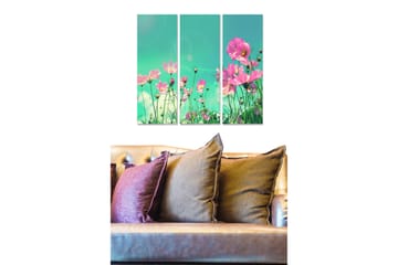 Trelerretsbilde 3-delt 50x70 cm - Fargerik blomsterbukett i frodige omgivelser - Rosa / Grønn / Turkis - Interiør - Maleri & posters - Lerretsbilder
