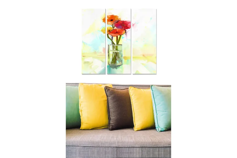 Trelerretsbilde 3-delt 50x70 cm - Fargerik blomsterbukett i glassvase, Rød / Oransje / Grønn