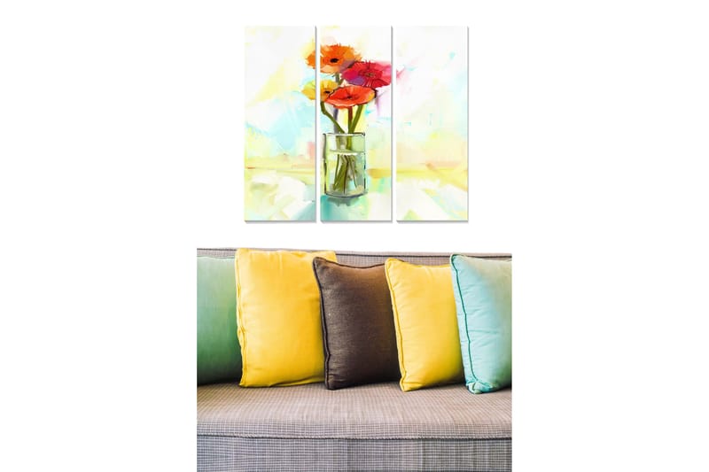 Trelerretsbilde 3-delt 50x70 cm - Fargerik blomsterbukett i glassvase, Rød / Oransje / Grønn