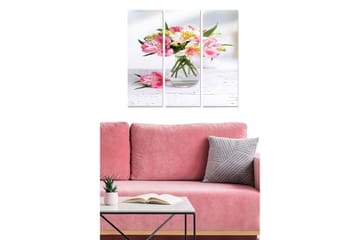 Trelerretsbilde 3-delt 50x70 cm - Fargerik blomsterbukett i glassvase - Rosa / Hvit / Grønn - Interiør - Maleri & posters - Lerretsbilder