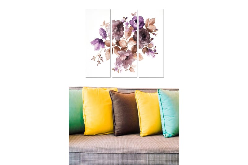 Trelerretsbilde 3-delt 50x70 cm - Fargerik blomsterbukett i lilla og brune toner, Lilla / Brun