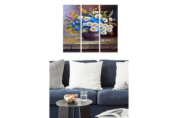 Trelerretsbilde 3-delt 50x70 cm - Fargerik blomsterbukett i vase - Blå / Hvit / Grønn - Interiør - Maleri & posters - Lerretsbilder