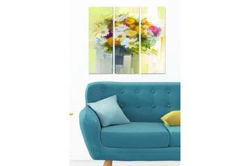 Trelerretsbilde 3-delt 50x70 cm - Fargerik blomsterbukett i vase - Gul / Grønn / Hvit - Interiør - Maleri & posters - Lerretsbilder
