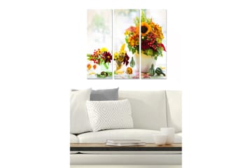 Trelerretsbilde 3-delt 50x70 cm - Fargerik blomsterbukett i vase - Gul / Rød / Grønn - Interiør - Maleri & posters - Lerretsbilder