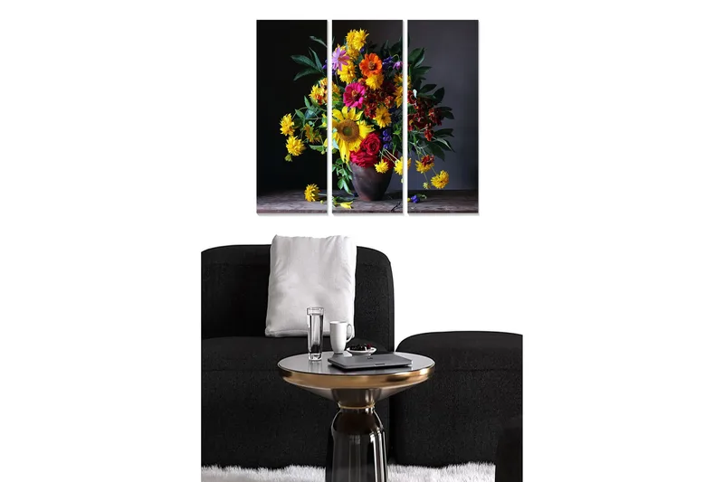 Trelerretsbilde 3-delt 50x70 cm - Fargerik blomsterbukett i vase, Gul / Rød / Grønn