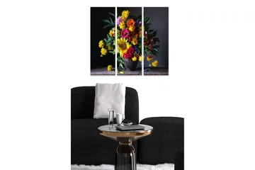 Trelerretsbilde 3-delt 50x70 cm - Fargerik blomsterbukett i vase - Gul / Rød / Grønn - Interiør - Maleri & posters - Lerretsbilder