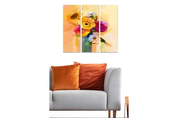 Trelerretsbilde 3-delt 50x70 cm - Fargerik blomsterbukett i vase - Gul / Rosa / Grønn - Interiør - Maleri & posters - Lerretsbilder