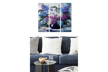 Trelerretsbilde 3-delt 50x70 cm - Fargerik blomsterbukett i vase - Lilla / Blå / Grønn - Interiør - Maleri & posters - Lerretsbilder