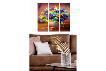 Trelerretsbilde 3-delt 50x70 cm - Fargerik blomsterbukett i vase - Lilla / Blå / Gul - Interiør - Maleri & posters - Lerretsbilder