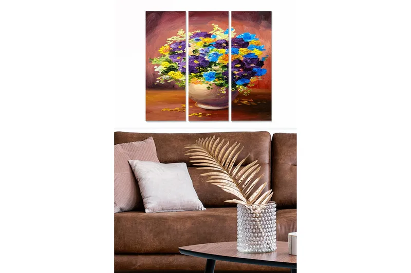 Trelerretsbilde 3-delt 50x70 cm - Fargerik blomsterbukett i vase, Lilla / Blå / Gul