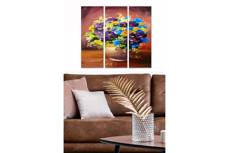 Trelerretsbilde 3-delt 50x70 cm - Fargerik blomsterbukett i vase, Lilla / Blå / Gul