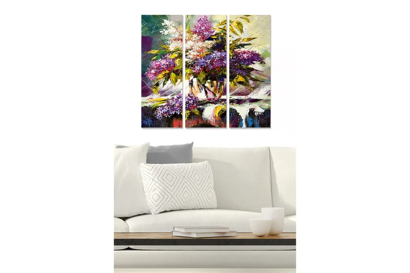 Trelerretsbilde 3-delt 50x70 cm - Fargerik blomsterbukett i vase, Lilla / Grønn / Hvit